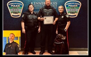 Sgt McIntyre Sgt Scott and DC Henderson with Support dog Rosa who didn’t cooperate for the photo